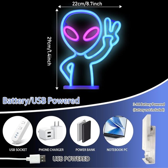 Blue Alien Neon Sign LED Wall Light USB Battery for Game Room Party Decor - Picture 6 of 9